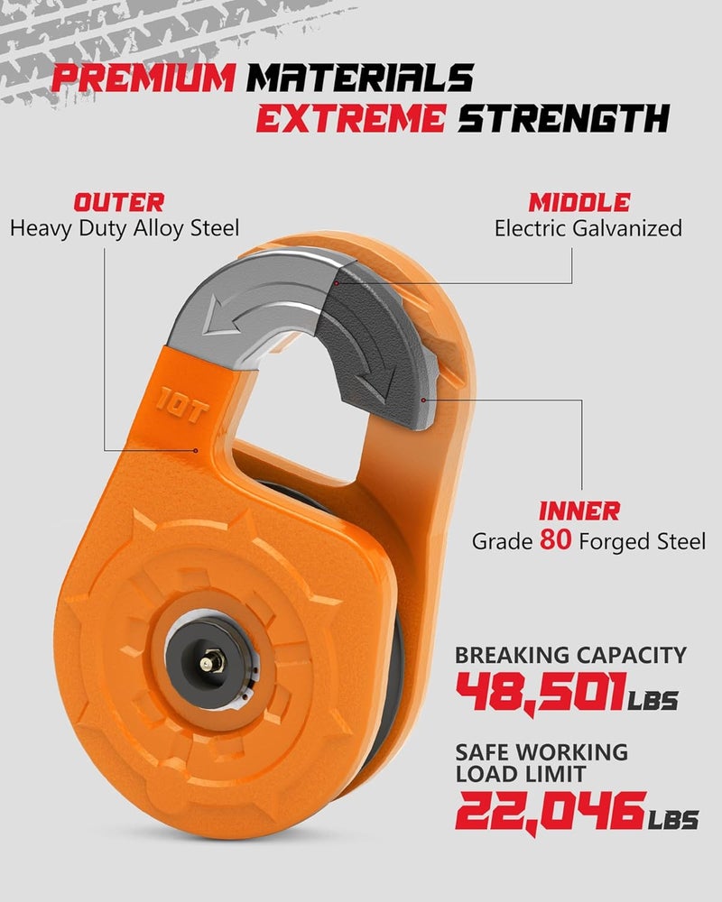 AMBULL Towing Winch Snatch Block Hook, Separate Pulley Block, Tow Winch Hook, Multiple-Purpose G80 Heavy Duty Forged Winch Hook Snatch Block Pulley, 22Tons (46,051lbs) MBS, for Synthetic Rope, Orange - Image 4